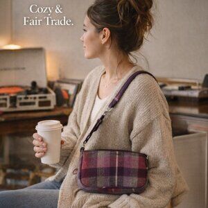 Earth Squared Wool Plaid Crossbody Bag | Fair Trade | Purple Burgundy Mini Purse